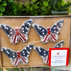 x4 4th Of July Patriotic Jeweled Butterfly Americana Beaded Napkin Rings New